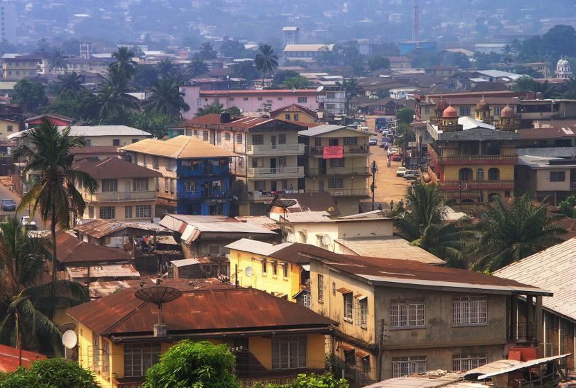 Aerial view of homes in Freetown, Sierra Leone