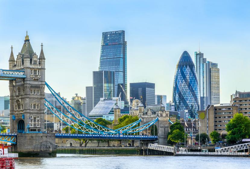 A view of London's financial district and the London Bridge from across the River Thames