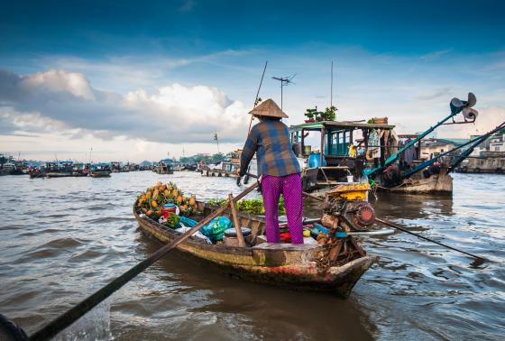 A vendor paddles through the Mekong River to sell goods at the floating market