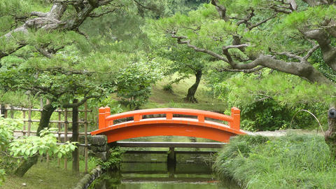 A garden scene featuring a small, bright orange arched bridge crossing a narrow waterway